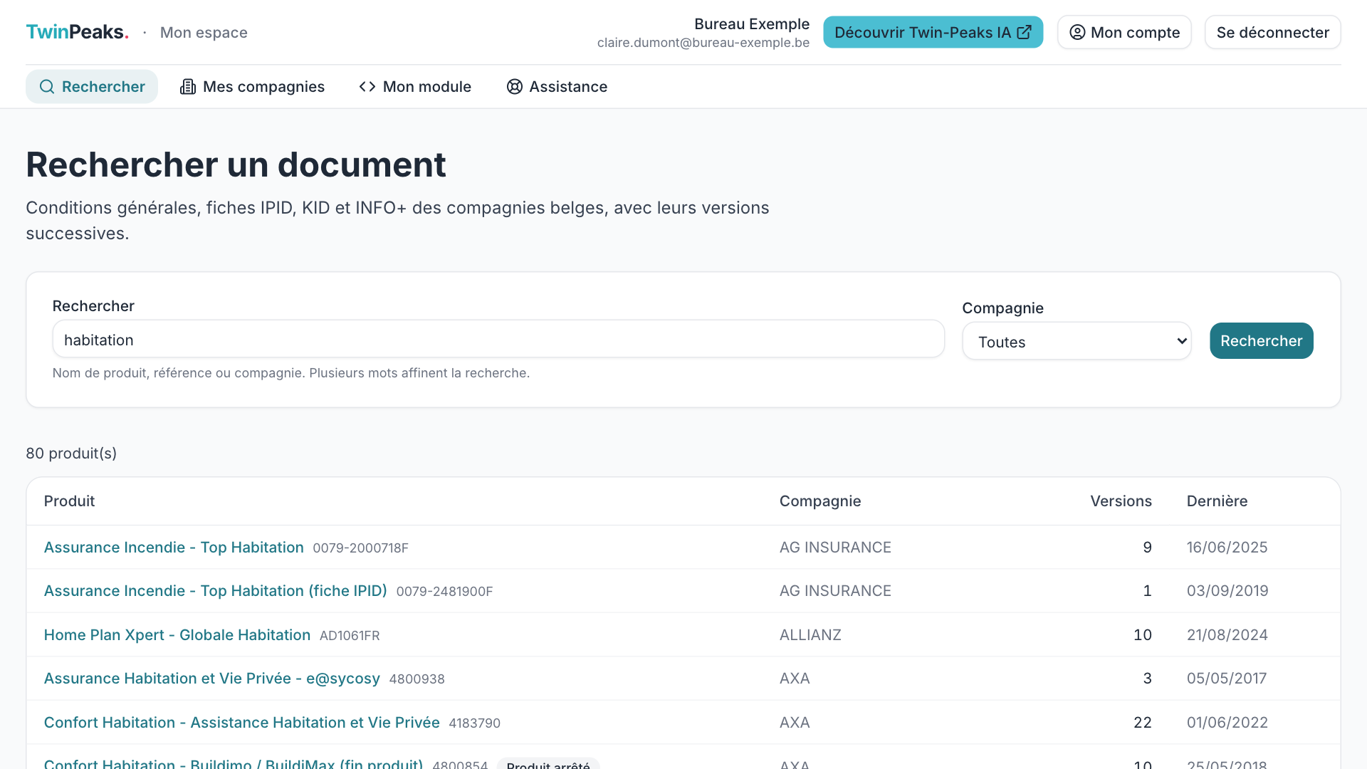 Recherche de documents par nom de produit, référence ou compagnie dans l'interface Twin Peaks